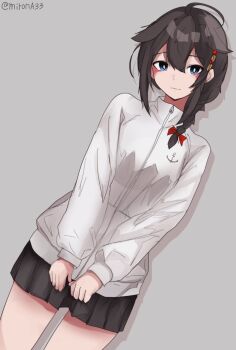 1girl ahoge alternate_costume black_hair black_skirt blue_eyes braid commentary_request grey_background hair_flaps hair_over_shoulder highres jacket kantai_collection long_hair miron_(mirona33) pleated_skirt shigure_(kancolle) shigure_kai_ni_(kancolle) simple_background single_braid skirt solo twitter_username white_jacket 