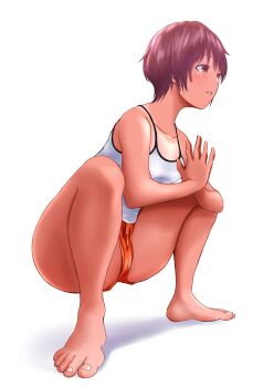  1girl bare_legs barefoot blush breasts brown_hair collarbone covered_erect_nipples feet female_focus highres malasana orange_shorts original panties panty_peek parted_lips red_eyes red_shorts shiny_skin shirt short_hair short_shorts shorts simple_background small_breasts soles solo spread_legs squatting tan tank_top tanline teeth thick_thighs thighs toenails toes tomboy underwear uriens white_background white_shirt yoga 