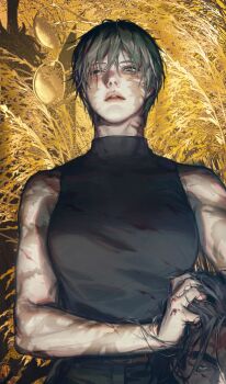  1boy 1girl black_pants black_shirt blood blood_on_clothes blood_on_face blood_on_hands breasts burn_scar glasses grabbing_another's_hair green_hair hair_between_eyes hand_in_another's_hair highres holding_another's_hair implied_murder jujutsu_kaisen looking_at_viewer looking_down medium_breasts muscular muscular_female nonockha pants parted_lips scar scar_across_eye scar_on_arm scar_on_face scar_on_neck scars_all_over shirt short_hair sleeveless sleeveless_turtleneck split_soul_katana_(jujutsu_kaisen) tomboy too_many turtleneck wheat wheat_field yellow_eyes zen'in_jinichi zen'in_maki zen'in_maki_(post_shibuya) 