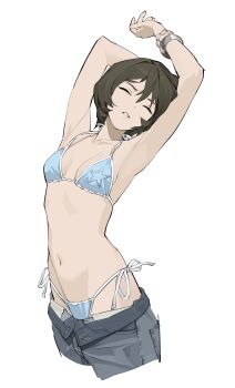  1girl absurdres armpits arms_up bikini blue_bikini bob_cut bracelet breasts breasts_apart brown_hair closed_eyes collarbone commentary highres jewelry kimura_731 navel open_pants original pants short_hair side-tie_bikini_bottom simple_background small_breasts solo stretching swimsuit untranslatable_commentary white_background  rating:Sensitive score:10 user:danbooru