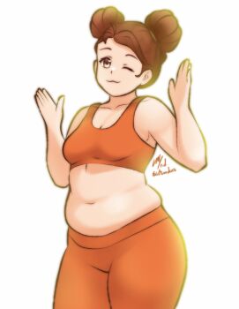  1girl bra breasts commission fire_emblem fire_emblem:_radiant_dawn ko-fi_commission meg_(fire_emblem) navel nintendo one_eye_closed orange_bra orange_pants pants plump rotomdocs smile solo sports_bra sportswear stomach_bulge underwear workout_clothes yoga_pants 