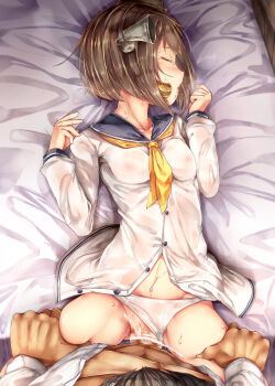 10s 1boy 1girl admiral_(kancolle) black_hair blush breasts brown_hair censored closed_eyes clothing_aside covered_erect_nipples cum cum_in_pussy dress has_bad_revision headgear hetero highres kantai_collection leg_grab loli lying neckerchief on_back open_mouth panties panties_aside profile sailor_collar sailor_dress school_uniform see-through_clothes serafuku sex short_hair sleep_molestation small_breasts spread_legs sugiyuu tears underwear vaginal yukikaze_(kancolle) rating:Explicit score:199 user:danbooru