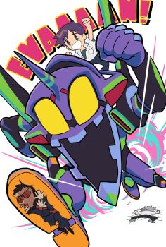  3boys beard black_hair black_pantyhose black_suit broken_eyewear chinstrap_beard collared_shirt commentary facial_hair formal_clothes gashi-gashi highres ikari_gendou ikari_shinji male_focus mecha multiple_boys nagisa_kaworu neon_genesis_evangelion open_mouth pantyhose raised_fist red_shirt robot shirt short_sleeves smile suit symbol-only_commentary tears trampling undershirt white_background white_shirt 