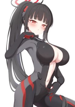  1girl absurdres black_bodysuit black_hair black_halo blue_archive blunt_bangs blush bodysuit breasts bright_pupils cleavage commentary cowboy_shot hair_ornament halo heart heart-shaped_pupils hello-ghiblisan highres impossible_bodysuit impossible_clothes large_breasts latex latex_bodysuit long_hair looking_at_viewer multicolored_halo navel official_alternate_costume official_alternate_hairstyle open_bodysuit open_clothes ponytail red_eyes ringed_eyes rio_(blue_archive) rio_(bodysuit)_(blue_archive) sidelocks simple_background skin_tight solo standing stomach sweat symbol-shaped_pupils two-tone_halo unzipping very_long_hair white_background white_pupils 