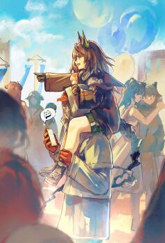  1girl 1other absurdres ambiguous_gender animal_ears arknights balloon baseball_cap black_hair black_jacket black_shoes carrying cat_ears chinese_commentary cloud commentary_request crowd day doctor_(arknights) from_side gloves green_eyes green_hair hat highres holding holding_phone hood hood_up jacket kal'tsit_(arknights) long_hair long_sleeves miean_(xieji081) mon3tr_(arknights) multicolored_hair open_mouth outdoors people phone pointing profile red_gloves shoes shoulder_carry sitting sky smile spoken_character standing 