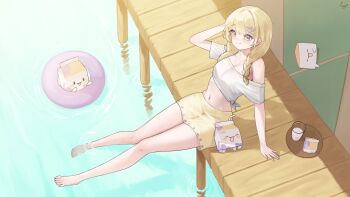  1girl arm_support arm_up ayauke blonde_hair closed_mouth commentary_request drink_carton from_above full_body grey_eyes hair_ornament hair_over_shoulder hairclip highres innertube korean_commentary long_hair midriff milk_carton miniskirt navel nyang_(nya_aaang) off-shoulder_shirt off_shoulder parallel_hairclips project_[i] ripples see-through_clothes see-through_skirt shirt short_sleeves signature sitting skirt smile soaking_feet swim_ring tied_shirt water white_shirt yellow_skirt 