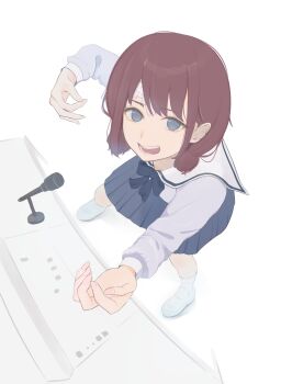  1girl absurdres air_guitar bandaid bandaid_on_face bandaid_on_forehead blue_bow blue_bowtie blue_eyes blue_shirt blue_skirt bow bowtie brown_hair commentary_request from_above girls_band_cry highres iseri_nina long_sleeves microphone open_mouth purple_eyes shirt short_hair simple_background skirt socks solo ueno_yuhi white_background white_shirt white_socks 