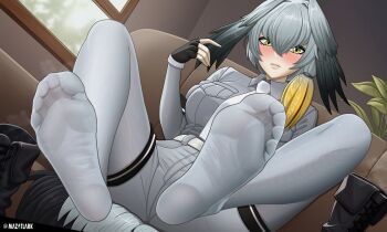  1girl absurdres artist_name black_boots black_gloves black_hair blush boots breasts closed_mouth collared_shirt commentary commission double-parted_bangs dutch_angle english_commentary feet fingerless_gloves foot_focus foreshortening full_body gloves gradient_hair green_eyes grey_hair grey_pantyhose grey_shirt grey_shorts hair_between_eyes hair_intakes head_wings high-waist_skirt highres indoors kemono_friends large_breasts legs looking_at_viewer mazatlark multicolored_hair necktie no_shoes pantyhose pantyhose_under_shorts plant presenting_foot shirt shoebill_(kemono_friends) short_shorts shorts sitting skirt smell soles solo steaming_body toes twitter_username unworn_boots white_necktie window wings 