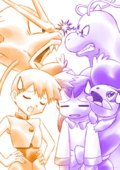  2girls =_= absurdres angry axew clenched_teeth closed_eyes commentary_request cropped_jacket dragonite fangs gen_1_pokemon gen_5_pokemon gyarados hands_on_own_hips highres in-franchise_crossover iris_(pokemon) kuroki_shigewo limited_palette long_hair long_sleeves looking_at_another misty_(pokemon) multiple_girls nintendo official_alternate_costume on_shoulder open_mouth pokemon pokemon_(anime) pokemon_(creature) pokemon_bw_(anime) pokemon_on_shoulder pokemon_rse_(anime) shirt short_hair short_sleeves side_ponytail simple_background smile sweatdrop teeth white_background 