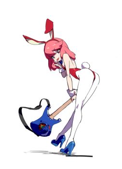  1girl animal_ears cosplay cuffs fake_animal_ears female_focus flcl gyosone haruhara_haruko haruhara_haruko_(cosplay) high_heels jakuzure_nonon kill_la_kill pantyhose playboy_bunny rabbit_ears rabbit_tail shintani_mayumi simple_background solo tail tongue tongue_out voice_actor_connection 