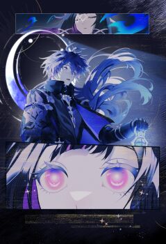  1boy 1girl absurdres antenna_hair black_capelet black_coat black_gloves black_hair blue_fire blue_hair blunt_bangs capelet closed_eyes coat collared_capelet colored_inner_hair columbina_(genshin_impact) commentary crossed_bangs english_commentary eyelashes fire flins_(genshin_impact) floating_hair genshin_impact gloves glowing glowing_eyes gradient_hair hair_between_eyes hair_ribbon hand_up highres holding holding_lantern lantern long_hair long_sleeves looking_at_viewer multicolored_hair multiple_views night parted_lips purple_eyes purple_hair ribbon sidelocks sleeve_cuffs spriiiiiiing star_(sky) star_(symbol) streaked_hair unusually_open_eyes upper_body white_ribbon yellow_eyes 