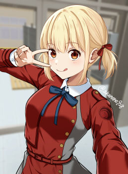  1girl :q akane_(akanene928) artist_name belt black_ribbon blonde_hair blurry blurry_background blush commentary_request dress highres looking_at_viewer lycoris_recoil lycoris_uniform neck_ribbon nishikigi_chisato outstretched_arm red_belt red_dress red_eyes ribbon short_hair short_twintails smile solo tongue tongue_out twintails upper_body v v_over_eye 