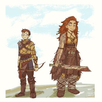  1boy 1girl atreus_(god_of_war) blush bow_(weapon) brown_hair frskdraws god_of_war god_of_war_ragnarok highres holding holding_sword holding_weapon orange_hair size_difference smile sword tall_female thrud_(god_of_war) weapon 