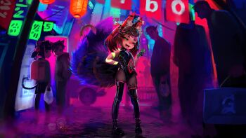  2girls 4boys :3 absurdres animal_ear_fluff animal_ear_piercing animal_ears armpit_crease asymmetrical_gloves backpack bag banknote bare_shoulders belt black_gloves black_leotard black_pantyhose blunt_bangs blush bone_earrings boots brown_hair cameltoe cat_boy cat_ears cat_tail chain cigarette city clothing_cutout collar commission covered_erect_nipples cross cross_earrings instant_cup_noodles dagger_(fiz-rot) demon_boy dollar_bill earrings facial_mark fangs fingerless_gloves fishnet_gloves fishnets fiz-rot flat_chest fox_ears fox_girl fox_tail full_body gelbooru gloves glowing glowing_tattoo gluteal_fold green_eyes hair_bobbles hair_ornament half-closed_eyes hand_on_own_hip hand_up happy highres holding holding_bag holding_money horns huge_filesize indie_virtual_youtuber instant_cup_noodles instant_noodles intertwined_tails jewelry lantern large_tail latin_cross layered_gloves leotard logo loli looking_back medium_hair mismatched_gloves money mouse_ears mouse_girl mouse_tail mouth_hold multicolored_hair multiple_boys multiple_girls multiple_tails nail_polish navel navel_cutout neon_trim night non-web_source nose_blush nyudachi open_mouth outdoors pantyhose paper_lantern pigeon-toed pink_nails pink_trim plastic_bag purple_hair randoseru red_eyes seductive_smile shiny_clothes shopping_bag sidelocks skin_tight skindentation smile smoking solo_focus spaghetti_(fiz-rot) spiked_boots spiked_collar spikes spill standing streaked_hair string_of_flags tail tattoo teeth thigh_belt thigh_boots thigh_strap tongue two-tone_hair two_tails vending_machine virtual_youtuber 