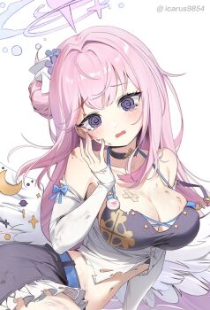  1girl @_@ alternate_costume arm_support bare_shoulders belt black_choker black_shorts blue_archive blue_belt blunt_bangs blush breasts choker cleavage cowboy_shot crop_top deep_skin detached_sleeves dirty eyelashes feathered_wings flower frilled_shorts frills furrowed_brow hair_bun hair_flower hair_intakes hair_ornament halo hand_up hashtag-only_commentary head_tilt icarus9854 large_breasts long_hair looking_at_viewer low_wings mika_(blue_archive) navel open_mouth pink_hair pink_halo purple_eyes purple_flower shorts simple_background single_side_bun solo stomach tearing_up tears torn_clothes tsurime twitter_username very_long_hair wavy_mouth white_background white_wings wings 