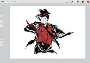  1boy adachi_tooru armband art_program_in_frame belt chengmingraven closed_mouth commentary cropped_legs hat highres limited_palette looking_at_viewer male_focus necktie persona persona_4 solo 