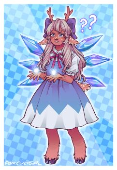 1girl ? antlers artist_name blue_dress blue_eyes bow cirno cirno_(cosplay) cosplay cryokinesis deltarune dress furry hair_bow highres horns ice ice_wings long_hair noelle_holiday pinkcultgirl reindeer_antlers ribbon short_sleeves standing touhou trait_connection utdr_(toby_fox) wings 