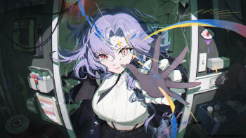  1girl black_bow black_jacket black_necktie blurry blurry_background bow breasts commentary earrings english_commentary gloves hair_bow highres jacket jewelry kurimui2 long_hair necktie open_clothes open_jacket open_mouth phase_connect purple_hair reaching reaching_towards_viewer red_eyes shisui_michiru shisui_michiru_(michiru_2.0) solo virtual_youtuber 