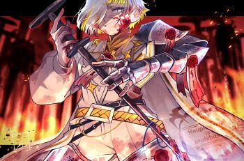  1girl aoya_(ayoyame18) armor blonde_hair blood blood_on_clothes blood_on_face cape colored_inner_hair commentary_request crazy_eyes evil_grin evil_smile fire gauntlets grin hair_over_one_eye holding holding_nail kromer_(project_moon) limbus_company long_sleeves looking_at_viewer multicolored_hair nail_(hardware) oversized_object pants project_moon shirt short_hair single_gauntlet smile solo watermark wax_seal white_cape white_hair white_pants white_shirt 