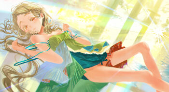  1girl absurdres bare_legs bare_shoulders blonde_hair blush breasts dress gakuen_idolmaster hair_spread_out highres idolmaster light_rays light_smile long_hair looking_at_viewer lying on_back orange_eyes shinosawa_hiro small_breasts solo sunlight superhoikoro 