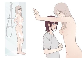  2girls blush breasts brown_hair clothed_female_nude_female commentary completely_nude drooling girls_band_cry grey_eyes grey_hair grey_shirt hashtag-only_commentary height_difference highres iseri_nina kawaragi_momoka krisjennnnn long_hair looking_at_breasts medium_breasts medium_hair multiple_girls nipples nude shirt shower_head showering soap_bubbles wet yuri 