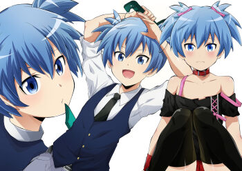  1boy :d androgynous ansatsu_kyoushitsu arms_up belt belt_collar black_belt black_necktie black_shirt black_thighhighs blue_eyes blue_hair blue_vest blush bow chiyu_(bokunopiko) closed_mouth collar collarbone collared_shirt commentary_request cross-laced_clothes cross-laced_top crossdressing crossdressing_(mtf) dagger grey_pants hair_between_eyes hair_bow highres holding holding_dagger holding_knife holding_weapon knees_together_feet_apart knees_up knife kunugigaoka_middle_school_uniform looking_at_viewer looking_up male_focus multiple_views necktie official_alternate_costume open_mouth pants pink_bow pink_straps red_collar red_skirt school_uniform shiota_nagisa shirt short_twintails simple_background single_off_shoulder skirt smile thighhighs twintails vest wavy_mouth weapon white_background white_shirt wristband 