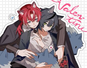  2boys absurdres animal_ears arknights arm_around_shoulder black_coat black_hair bright_pupils chocolate coat coat_on_shoulders commentary demetri_certaldo_(arknights) english_text facial_mark feeding food green_eyes grey_hair grid_background heart highres holding holding_chocolate holding_food male_focus multicolored_hair multiple_boys outline purple_eyes red_hair shirt short_hair simple_background spoken_heart spoken_x streaked_hair sul_(babybun1761) untranslatable_commentary upper_body valentine vigil_(arknights) white_background white_pupils white_shirt wolf wolf_ears yaoi 