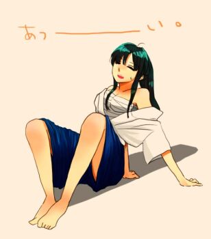  1girl ayana0109 bad_id bare_shoulders barefoot black_hair closed_eyes feet female_focus full_body japanese_clothes kamiya_kaoru long_hair ponytail rurouni_kenshin sarashi sitting solo sweatdrop  rating:Sensitive score:10 user:salarta