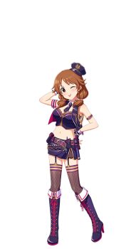  1girl armlet belt boots brown_hair earrings fishnet_thighhighs fishnets full_body garter_straps hat high_heel_boots high_heels idol_clothes idolmaster idolmaster_cinderella_girls idolmaster_cinderella_girls_starlight_stage jewelry katagiri_sanae lace-up_boots low_twintails mini_hat navel necktie official_art one_eye_closed skirt solo thighhighs tongue tongue_out transparent_background twintails  rating:General score:2 user:shamga