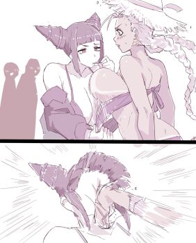  2girls bikini bikini_top_lift breasts cammy_white clothes_lift han_juri jacket kicking large_breasts long_hair madsensei medium_hair monochrome multiple_girls pervert pervert_female street_fighter street_fighter_6 swimsuit tan tanline twintails very_long_hair yuri 