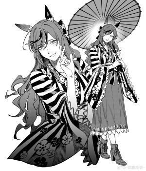  1girl absurdres greyscale highres holding holding_umbrella japanese_clothes kimono long_hair looking_at_viewer monochrome nice_nature_(converging_wishes)_(umamusume) nice_nature_(umamusume) oil-paper_umbrella ruukii_drift smile solo striped_clothes striped_kimono umamusume umbrella watermark weibo_username weibo_watermark wide_sleeves 