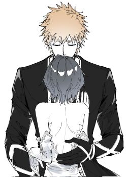  1boy 1girl backless_dress backless_outfit bleach bleach:_sennen_kessen-hen closed_eyes commentary corrupted_twitter_file dress elbow_gloves english_commentary gloves greyscale height_difference hetero highres kurosaki_ichigo monochrome short_hair shoulder_blades silegesi spot_color strapless strapless_dress tensa_zangetsu_(bankai) 