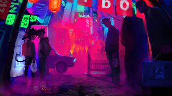  1girl 4boys absurdres animal_ears backpack bag cat_boy cat_ears cigarette city instant_cup_noodles dagger_(fiz-rot) demon_boy fiz-rot full_body gelbooru hair_bobbles hair_ornament highres holding holding_bag horns instant_cup_noodles instant_noodles lantern logo looking_back mouse_ears mouse_girl mouse_tail mouth_hold multiple_boys night outdoors paper_lantern plastic_bag randoseru scenery shopping_bag smoking spaghetti_(fiz-rot) spill standing string_of_flags tail vending_machine 