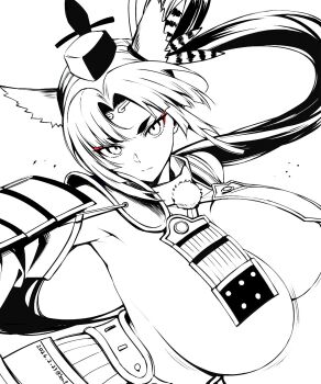 1girl alternate_breast_size_(larger) animal_ears armor bikini_armor bouncing_breasts breast_curtains breasts commentary_request fate_(series) frown greyscale highres huge_breasts looking_at_viewer monochrome motion_lines seo_tatsuya short_hair simple_background solo upper_body ushiwakamaru_(fate) white_background 
