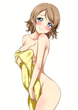 1girl absurdres bare_shoulders blue_eyes blush breasts cleavage collarbone completely_nude covering_breasts covering_crotch covering_privates cowboy_shot embarrassed female_focus head_tilt highres light_brown_hair looking_at_viewer love_live! love_live!_sunshine!! medium_breasts nude nude_cover parted_lips sankuro_(agoitei) scan simple_background smile solo thighs towel watanabe_you white_background rating:Questionable score:49 user:danbooru