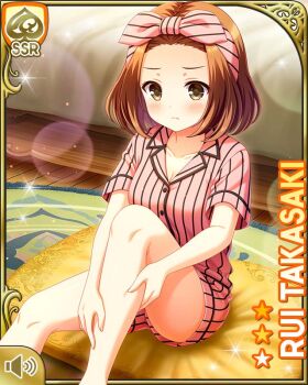 1girl barefoot bow brown_eyes brown_hair card character_name closed_mouth day girlfriend_(kari) hair_bow indoors medium_hair official_art pink_shirt pink_shorts qp:flapper red_bow shirt shorts sitting striped_clothes takasaki_rui