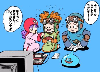  1girl 2boys aged_down blue_hat boots brown_hair commentary_request controller crt dragon_quest dragon_quest_ii dress famicom flying_sweatdrops game_console game_controller goggles goggles_on_headwear green_hat hat highres holding holding_controller holding_game_controller indian_style lee_(dragon_garou) long_dress multiple_boys orange_hair paper pink_dress playing_games prince_of_lorasia prince_of_samantoria princess_of_moonbrook purple_eyes purple_hair seiza sitting slime_(dragon_quest) solid_oval_eyes tabard television translation_request white_boots yokozuwari 