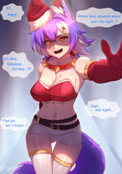  1girl absurdres alternate_hair_color animal_ears artist_name belt blue_eyes breasts christmas collar commentary elbow_gloves english_commentary fangs gloves hair_ornament hairclip hat highres looking_at_viewer navel open_mouth original reaching reaching_towards_viewer red_eyes santa_hat short_hair simple_background smile solo spiked_collar spikes tail thighhighs thighs vilde_loh_hocen warwick_(vilde_loh_hocen) wolf_ears wolf_girl wolf_tail 