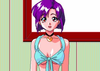  1girl animahjong animahjong_x animated animated_gif blue_panties blush bouncing_breasts breasts breasts_apart choker cleavage collar cutscene facing_viewer female_focus front-tie_top gainaxing indoors jewelry lace lace-trimmed_panties lace_trim looking_at_viewer lowres medium_breasts miyabi_(animahjong) miyabi_(animahjong_x) nakajima_atsuko necklace nipples no_bra panties pc-98_(style) pc98 pixel_art purple_hair red_eyes retro_artstyle short_hair shy sogna solo standing talking topless_female underboob underwear undressing untying video_game_screencap  rating:Questionable score:281 user:danbooru