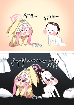  1boy 3girls all_fours blue_archive chibi closed_eyes commentary_request doodle_sensei_(blue_archive) hair_between_eyes halo highres hood hood_up hooded_pajamas koyuki_(blue_archive) koyuki_(pajamas)_(blue_archive) long_hair meme multiple_girls noa_(blue_archive) noa_(pajamas)_(blue_archive) official_alternate_costume onesie open_mouth pajamas pink_hair pink_halo pleading_eyes rabbit_pajamas saka_ryouka sensei_(blue_archive) smile speakiposting_(meme) twintails wavy_eyes yellow_pajamas yuuka_(blue_archive) yuuka_(pajamas)_(blue_archive) 