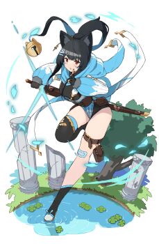  1girl animal_ears asymmetrical_footwear bell black_boots black_gloves black_hair black_leotard blue_hair blue_scarf blue_sleeves boots breasts cat_ears cat_girl colored_inner_hair commentary_request detached_sleeves fingerless_gloves gloves hair_bell hair_bun hair_ornament highres holding holding_sword holding_weapon jingle_bell leg_up leotard long_sleeves looking_at_viewer multicolored_hair ninja original parted_lips pelvic_curtain pillar ponytail red_eyes scarf sheath single_hair_bun single_thigh_boot small_breasts solo sword thigh_boots transparent_background uneven_footwear unsheathing v-shaped_eyebrows wanitaroo._(waniwani_panic) weapon 