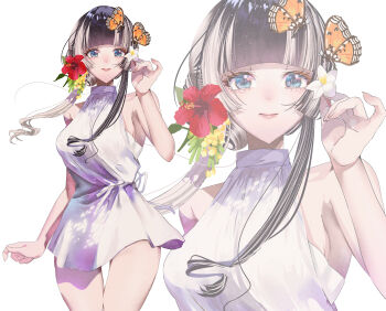  1girl alternate_costume bare_shoulders black_hair blue_eyes blunt_bangs breasts bug butterfly chiyokurayuki commentary_request cowboy_shot dress flower grey_hair hair_flower hair_ornament highres hime_cut holding holding_flower holo hololive hololive_dev_is insect juufuutei_raden large_breasts looking_at_viewer multicolored_hair simple_background sleeveless sleeveless_dress smile solo streaked_hair turtleneck turtleneck_dress two-tone_hair virtual_youtuber white_background white_dress zoom_layer 