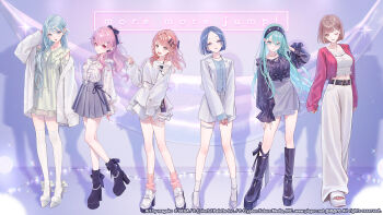  6+girls aqua_eyes aqua_hair arms_at_sides arms_behind_back baggy_pants belt black_belt black_boots black_bow black_hairband black_ribbon black_shirt blue_eyes blue_hair blue_nails blue_skirt blunt_bangs blunt_ends bob_cut boots bow breasts brown_eyes brown_hair cardigan center_frills closed_mouth collarbone commentary_request copyright_notice dress earrings footwear_bow frilled_shirt frills full_body fur_jacket green_dress grey_eyes grey_shoes grey_skirt group_name guest_art hair_behind_ear hair_bow hair_ornament hair_ribbon hairband hairclip half_updo hanasato_minori hand_on_own_thigh hand_up hatsune_miku high_heels highres hinomori_shizuku jacket jewelry kiritani_haruka lapels large_breasts long_hair long_sleeves looking_at_viewer loose_socks magako medium_breasts meiko_(vocaloid) midriff momoi_airi more_more_jump!_(project_sekai) more_more_jump!_meiko more_more_jump!_miku multiple_girls nail_polish navel necklace notched_lapels official_art one_eye_closed open_cardigan open_clothes open_jacket open_mouth pants parted_bangs parted_lips pink_cardigan pink_eyes pink_hair pink_socks platform_boots platform_shoes pleated_skirt ponytail project_sekai puffy_long_sleeves puffy_sleeves red_nails ribbon ring sandals second-party_source shirt shirt_tucked_in shoes short_dress short_hair shorts sidelocks single_off_shoulder skirt sleeves_past_fingers sleeves_past_wrists smile socks spaghetti_strap standing straight_hair swept_bangs thigh_strap thighhighs torn_clothes torn_dress vocaloid white_dress white_jacket white_pants white_ribbon white_sandals white_shirt white_shoes white_shorts white_socks white_thighhighs zozotown 