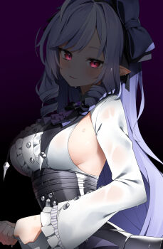  1girl absurdres bow breast_curtains breasts buttons center_frills commentary dress drill_hair drill_sidelocks frilled_dress frilled_sleeves frills glint hair_bow hair_intakes head_tilt highres large_breasts long_hair long_sleeves looking_at_viewer mole mole_under_eye multicolored_hair n4rai parted_lips pointy_ears purple_background purple_bow purple_hair red_eyes see-through_clothes see-through_sleeves shade sideboob sidelocks simple_background skirt smile solo streaked_hair twin_drills upper_body very_long_hair vivian_banshee water wet wet_clothes white_dress white_hair white_streaks wringing_clothes wringing_skirt zenless_zone_zero 