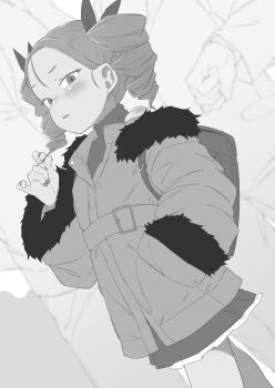  1girl 2boys absurdres backpack bag belted_coat blurry blurry_background blush business_suit checking_watch child coat commentary_request drill_hair formal_clothes fur-trimmed_coat fur-trimmed_hood fur-trimmed_sleeves fur_trim greyscale hand_in_pocket height_difference highres hood long_sleeves looking_at_viewer medium_hair monochrome multiple_boys nail_polish off_shoulder open_mouth original playing_with_own_hair pleated_skirt salaryman shoulder_blush single_bare_shoulder skirt suit turtleneck twin_drills twintails twirling_hair zettai_yarumoni 