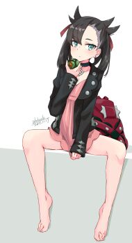  1girl alakoala asymmetrical_bangs backpack bag barefoot black_choker black_hair black_jacket choker commentary_request dress dress_tug dusk_ball earrings green_eyes hair_ribbon highres holding holding_poke_ball jacket jewelry looking_at_viewer marnie_(pokemon) nintendo pink_dress poke_ball pokemon pokemon_swsh red_ribbon ribbon short_dress sitting solo spread_legs stud_earrings thighs twintails undercut 