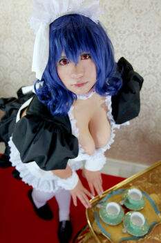 apron blue_hair breasts chouzuki_maryou cosplay large_breasts maid maid_apron maid_headdress photo_(medium) plump red_eyes seikon_no_qwaser thick_thighs thighhighs thighs yamanobe_tomo rating:Explicit score:4 user:H-Viruz