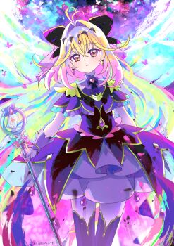  1girl :o antenna_hair black_bow black_bowtie black_capelet black_dress blonde_hair bow bowtie brooch bug butterfly capelet commentary cowboy_shot cure_arcana_shadow diamond_hairband dress earrings frilled_capelet frilled_cuffs frilled_dress frills hair_bow hair_intakes heart heart_brooch highres holding holding_staff insect jewelry layered_dress long_hair looking_at_viewer magical_girl medium_dress meitantei_precure! moria_luluka nigramatter parted_lips pink_eyes precure purple_veil solo staff standing tear_arcana_rod twitter_username veil wind 