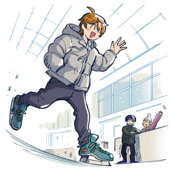  1girl 2boys ahoge alternate_costume beanie black_pants blonde_hair blue_shoes blunt_ends blush_stickers casual closed_eyes contemporary cross-laced_shoes drawstring facing_another genshin_impact green_jacket green_shoes green_sleeves grey_jacket grey_sleeves hand_in_pocket hand_up hat hood hood_down hooded_jacket ice_skates ice_skating indoors jacket light_blush long_sleeves looking_at_another lumine_(genshin_impact) multiple_boys open_hand open_mouth orange_hair padded_jacket pants pom_pom_(clothes) pom_pom_beanie purple_hair scaramouche_(genshin_impact) shoes short_hair short_hair_with_long_locks sidelocks skates skating skating_rink taka35_35 tartaglia_(genshin_impact) trembling triangle_mouth white_hat 