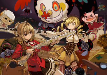  >_< 10s 2girls absurdres amagi_brilliant_park antenna_hair beret blonde_hair blurry bow breasts brown_bow brown_eyes brown_hair charlotte_(madoka_magica) closed_eyes corset cosplay cross cross_print crossover depth_of_field drill_hair fingerless_gloves frostcyco gen_3_pokemon gloves gun hair_bow hair_ornament hat helmet highres large_breasts long_hair macaron_(amaburi) magical_girl magical_musket_(madoka_magica) mahou_shoujo_madoka_magica mahou_shoujo_madoka_magica_(anime) marshtomp monster multiple_crossover multiple_girls musket naughty_face nintendo nonaka_ai pokemon ponytail pyotr_(madoka_magica) sakura_kyoko sakura_kyoko_(cosplay) sakura_kyoko_(magical_girl) saliva sento_isuzu shaded_face sharp_teeth skirt smiley_face striped_clothes striped_legwear striped_thighhighs teeth thighhighs tiramii tomoe_mami tomoe_mami_(magical_girl) twin_drills twintails underbust vertical-striped_clothes vertical-striped_legwear vertical-striped_thighhighs voice_actor_connection weapon yellow_eyes 